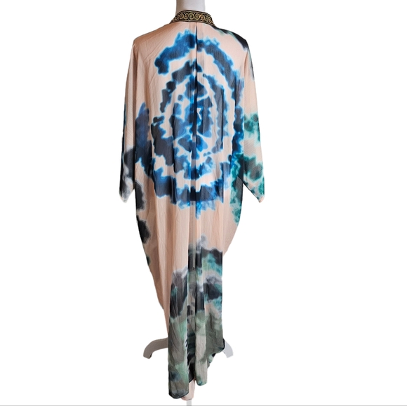 Suki So Goddess Tan Teal Tie Dye Kimono Robe OS Metallic Greek Key Coverup READ - Picture 8 of 15